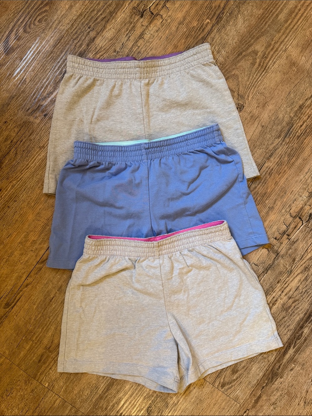 wonder nation Girls 3-Pack Pull-On Shorts in Blue and Gray with Pink Trim
